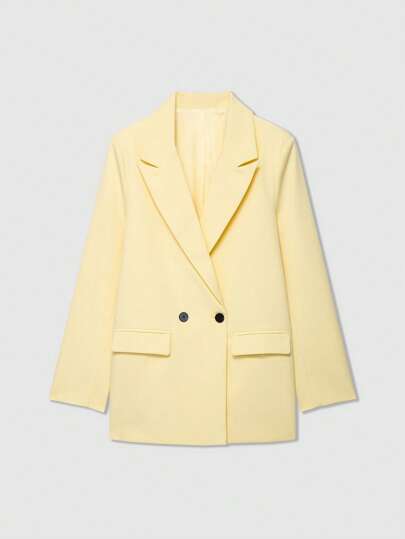 Blazer casual de solapa de doble botonadura de color crema para mujer Old Money, de unicolor y manga larga, minimalista y de moda, adecuado para primavera/otoño/invierno