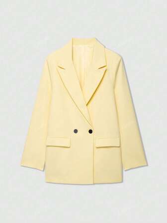 Damen Butter Gelb Zweireihiger Kragen Büro Lässig Blazer Jacke, einfarbig langärmelig, minimalistisch & modisch, geeignet für Frühling/Herbst