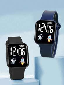 2pcs Kids Square Digital Sport Watch And 2pcs Astronaut Charm Bracelet, Unisex Children Friendship Gift - Multicolor - View 2
