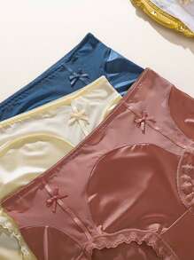 5pcs/Pack Women's Satin Lace Sexy Sheer Mesh Bow Decor Elastic Waist Bikini Panties