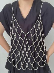DEKUNER 1pc New Leisure Style Of Simple Faux Pearl Halter Tops Teen Style Cute Beaded Beautifully Cami Vest ,Pearl Bead Body Chain