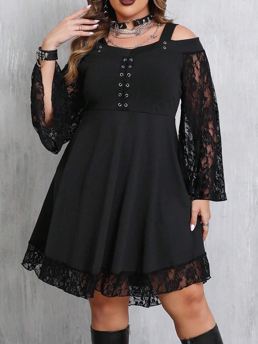 Robe gothique grande taille à manches cloche, épaules dénudées et taille cintrée, convient pour Halloween - Noir - Voir 1