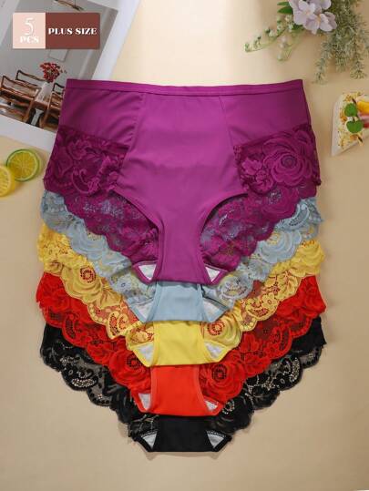 5条/包 大码女士纯色蕾丝拼接性感三角裤