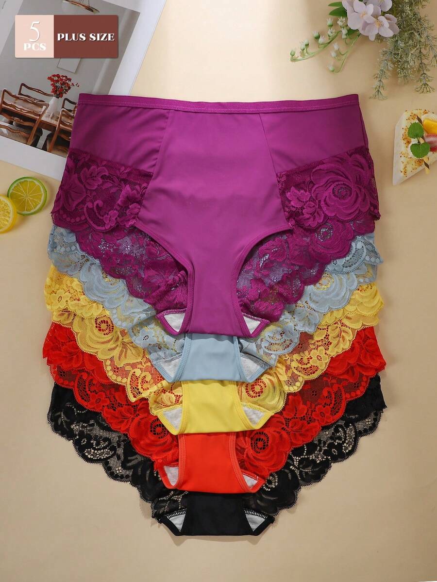 5pcs/Pack Plus Size Women's Breathable Comfortable Lace Patchwork Sexy Briefs - Nhiều màu - Xem 1