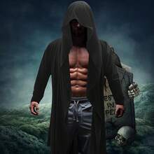 Men's Long Hooded Cardigan Ruffle Shawl Collar Drape Cape Overcoat Asymmetric Hem Open Front Hooded Cardigan - Black - View 6