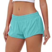 Women's Low-Rise Workout Shorts - Lightweight Quick-Dry Athletic Shorts With Zip Pocket, Built-In Liner For Running, Yoga, Gym - Xanh băng - Xem 2