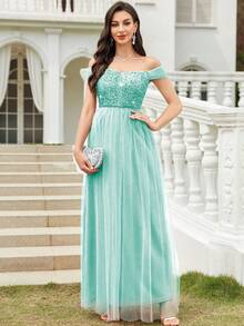 CHOSMO Elegant Solid Color Formal Dress, Knitted Fabric With Backless, Mesh Inset, Sequin Accent, Women's Dress For Prom, Wedding, Birthday Party, Anniversary, Graduation Party, Music Festival, Formal Occasion, Photoshoot, Stage Performance - Mint Blue - View 6