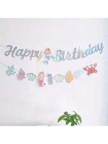 2 包汽车熊男孩生日派对装饰英文烫印彩旗美人鱼主题生日快乐横幅 - 美人鱼主题横幅，用于儿童生日派对装饰纸花环装饰，生日快乐横幅和悬挂漩涡，适合女孩和男孩、迎婴派对、海底派对用品 - 彩色 - 查看 6