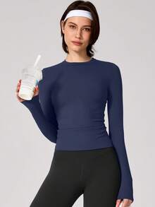 1pc Women Solid Color High Elastic Crew Neck Base Layer Long Sleeve Activewear Top, Autumn/Winter - Navy Blue - View 2