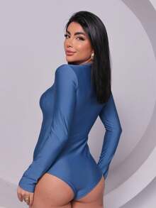 WOMEN'S BODYSUIT WITH CREW NECK AND LONG SLEEVES - Teal Blue - View 2