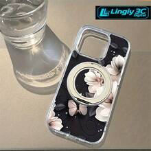 Funda para teléfono Patrón de diseño floral en blanco y negro, Vinilo adhesivo de alta transparencia Soporte magnético giratorio fuerte, Base lisa transparente Soporte anticaída Teléfono móvil, Adecuado phone16Promax, 16 15Pro 14PLUS 1 - Blanco - Ver 6