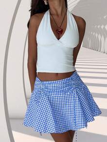Women Ruched Gingham Skirt Low Rise Tie-Up Bow A-Line Mini Ruffle Skirt Casual Summer Streetwear - Blue - View 3