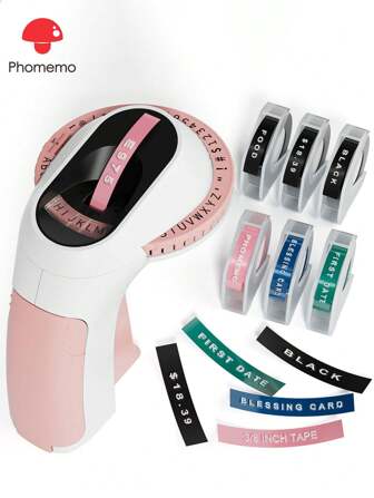  Phomemo 1 Set E975 Embossing Label Maker Machine With 6 Tapes Of 9mm/ 3/8" Label Tapes(3*Black/1*Pink/1*Blue/1*Green), Portable Retro Embossed Label Maker Writer, Mini Embosser Label Maker With 6 Rolls Embossing Label Tapes For Home, Office DIY And Crafting, 3D Label Maker With Clear Readability, Mini Portable Label Maker With Waterproof,