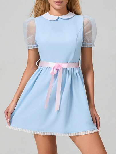 Women Halloween Grady  Twins Costume Summer Mini Sweet Dress Short Sheer Mesh Sleeve Doll Collar Dress With Belt