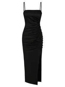 Solid Color Ruched Bodycon Slit Camisole Dress