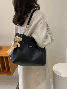 女士时尚休闲户外字母贴片PU链条手提包带吊坠 - 黑色 - 查看 4