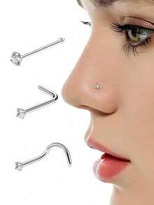 Conjunto de 3 peças de piercing de nariz em aço inoxidável 316L com zircônia, calibre 20G, para homens e mulheres. Piercing de nariz em formato de L com rosca, joia para piercing de nariz em aço inoxidável. Piercing de nariz simples e elegante com strass, estilo punk, ideal para mulheres e homens. Uma joia corporal moderna e perfeita para presentear em qualquer ocasião. - Multicolorido - Ver 4