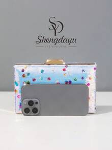 1 件时尚迷你白色晚礼服包，优雅精致的设计，带有亮片印花和刺绣女士手提包，矩形盒形设计晚礼服包，适合派对、婚礼和舞会场合。