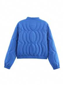 Women's Blue Quilted Stand Collar Padded Jacket Long Sleeve Pocket Casual Fall Winter Coat