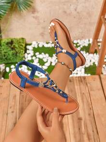 新款春夏女士绑带凉鞋，时尚休闲罗马风平底拖鞋，黑色、米色、棕色休闲平底凉拖，纯色厚底编织舒适沙滩凉鞋，博主推荐厚底凉鞋，夏季沙滩鞋，优雅搭扣低跟圆头拖鞋，防臭防滑简约户外拖鞋，百搭平底凉鞋，人字拖 - 藍色 - 查看 6