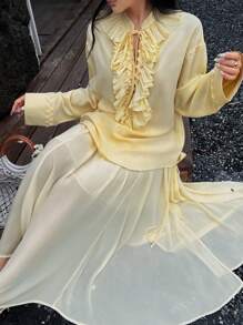 Robe blouse ample d'été à col V style papillon pour femmes, tenue de mode française, jaune beurre