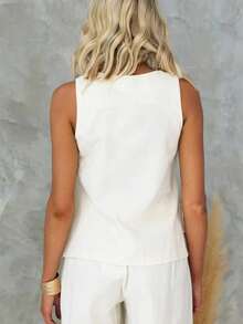 Plus Size Women V-Neck Sleeveless Button Decoration Tank Top - Beige - View 2