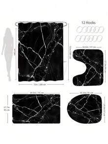 1/4 Set Waterproof Black Marble Pattern Polyester Shower Curtain With C-Shaped Hooks, Woven Texture, Fashionable Theme, Machine Washable, Includes Hanging Accessories Bathroom Decor
