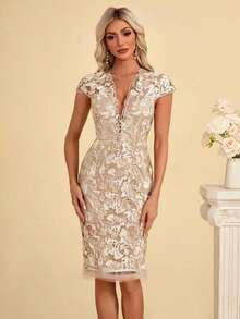 V-Neck Sheath/Column Lace Midi Dressfor Spring, Summer & Fall, Women's Clothing