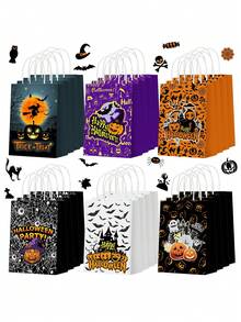 12 Pcs Halloween Trick Or Treat Bags, Halloween Bags With Handles Paper Trick Or Treat Gift Goodie Snacks Bags, Trick Or Treat, Halloween Paper For Holiday Treats Party Favors Supplies For Fall Home Decor, Halloween Party, Halloween Decor, Fall Decor, Halloween Decorations,Thanksgiving, Harvest Decorations And Display, Party Favors - Multicolor - View 2