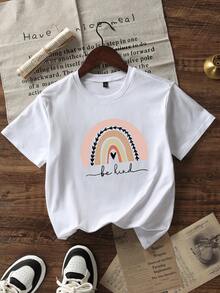 Tween Girl Casual Rainbow Letter Printed Round Neck Short Sleeve T-Shirt, Summer
