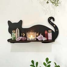 1 pieza Soporte para exhibir cristal con gato negro, estante de luna flotante con gato, estantería de madera con gato lindo montado en la pared para decoración gótica - Multicolor - Ver 5