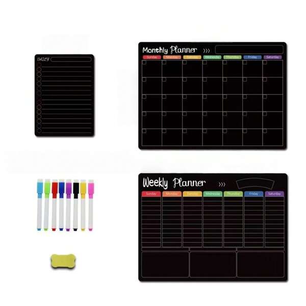 Black Dry Erase Boards Set - 3 Magnetic Boards For Refrigerator, Monthly, Weekly Organizer & Daily Notepad, Wall & Fridge Family Boards With 8 Markers