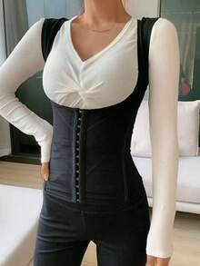 可调节钩眼扣女士腰部训练背心，紧身上衣，产后塑身衣紧身胸衣吊带内衣 - 黑色 - 查看 2