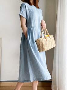 Women's Solid Color Mid-Length Casual Dress With Short Sleeves, Minimalist Style Suitable For Spring, Summer, And Autumn Elegant - Baby Blue - View 4