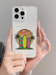 1 pieza Funda de teléfono creativa con tema de playa y océano, con patrones de árbol de coco, sol, nube y monopatín, de material TPU transparente, adecuada como regalo, compatible con iPhone XS/XS Max/XR/11/12/13/14/15/16 Pro/Pro Max/14/15/16 Plus