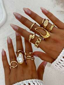 12pcs/Set Punk Style Ring Set, Women's Vintage Geometric Ring Set, Fashion Personality Jewelry Gift, Suitable For Daily Outfit And Party Accessories (Some Rings Are Open But Not Adjustable, Please Do Not Forcibly Bend Them Or They May Break, Sizes Are Marked) - Gold - View 3