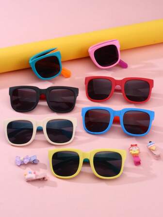 1pc Kids Foldable Square Frame Fashion Casual Glasses, Comes With 2pcs Cute Hair Clips, For Boys & Girls, Suitable For Parties, Outdoor Travel, Beach, Photography Props