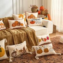 1pc Maple Leaves Embroidered Thanksgiving And Halloween Throw Pillow Case Cover, Decorative Fall Harvest Pumpkins Pillow Cover - Orange Maple Leaf - View 1