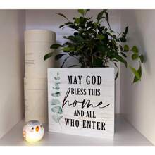 1 Stück Christlicher Holz Inspirationsbox Schild, PVC Religiöse Tischdekoration, Gott segne dieses Heim und alle, die es betreten, rustikaler Eingangsbereich spirituelle Kunstdekoration