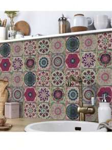 24 Pieces Bohemian Style Kitchen Bathroom Entrance Waterproof Moisture-Proof Wall Stickers Waterproof Tile Stickers PVC Self-Adhesive Decorative Stickers Kitchen Accessories Room Decor Wall Decor Wallpaper Wall Paper