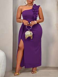 BIUBIU Women'S Plus Size Solid Color Asymmetrhttps://Img.Ltwebstatic.Com/V4/J/Spmp/2025/06/27/11/17509931966a44746eedcd6c05e9c26b29661a54ac.Jpgical Shoulder Ruffle Trim Ruched Design Sleeveless Elegant Charm Slit Dress For Party ,Dating, Single Party, Formal Dinner Or Gala Event - 紫色 - 查看 4