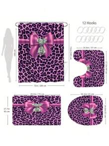 1/4 Piece Purple Leopard Print Diamond Bow Bathroom Set, Includes Shower Curtain With Hooks, Anti-Slip Rug, U-Shaped Toilet Mat, Toilet Seat Cover, Bedroom & Home Decor, Bathroom Decoration And Accessories, Holiday Gift!