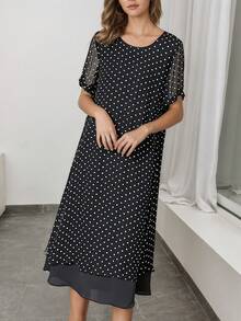 Women's Polka Dot Pattern Long Chiffon Wrap Dress, Layered Design, Elegant For Daily Outings, Commuting, Home & Leisure - Black - View 5