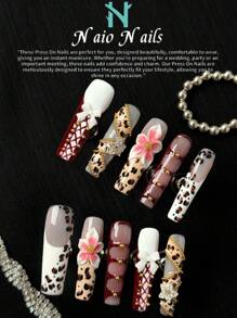 NAIO Y2K手工美甲“坏女孩风格”系列长方形按压式假指甲，内含豹纹法式指甲贴，饰有3D浮雕花朵、S形豹纹链条、银色五角星和白色蝴蝶结。专为女性和女孩设计的美甲用品，每套10件，适合派对、庆祝活动、返校季以及日常佩戴。内含美甲工具，是送给女性和女孩的绝佳礼物。