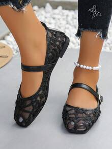 Plus Size Women's Mary Jane Flats, Spring/Summer New Black Floral Embroidered Mesh Breathable Square Toe Double Buckle Strap Casual Slip-On Ballet Shoes, Lightweight Comfortable For Work, Driving, Party, Anti-Slip Rubber Sole, Random Pattern - Black Circle Mesh - View 3