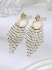 1 par de pendientes colgantes con borlas y pedrería de estilo bohemio oversize, adecuados para la playa, el casual, las fiestas y ocasiones formales