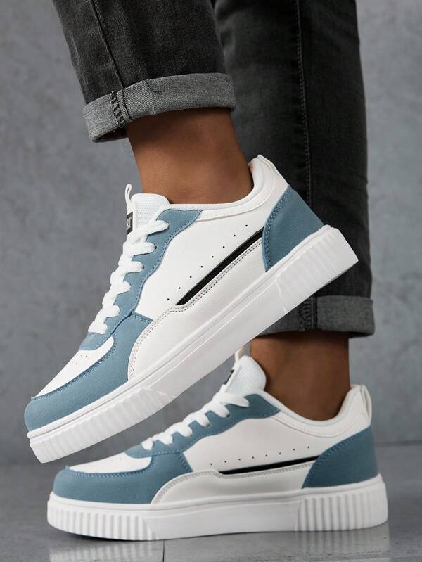 Men's White Round Toe Lace-Up Athletic Sneakers, Lightweight Soft Sole Non-Slip Thick Sole Casual Shoes, Spring & Autumn