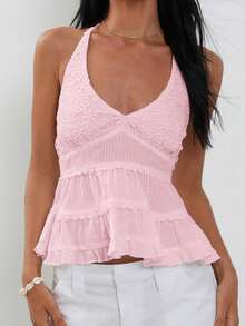 Women's Y2K Lace Halter Tops Floral Embroidered Sleeveless Ruffled Hem Tiered Flowy Crop Tank Tops Summer Backless Boho Layered Camisole Vest Shirts Going Out Tops Aesthetic Clothes Party Beach Vacation Streetwear - 粉色 - 查看 1