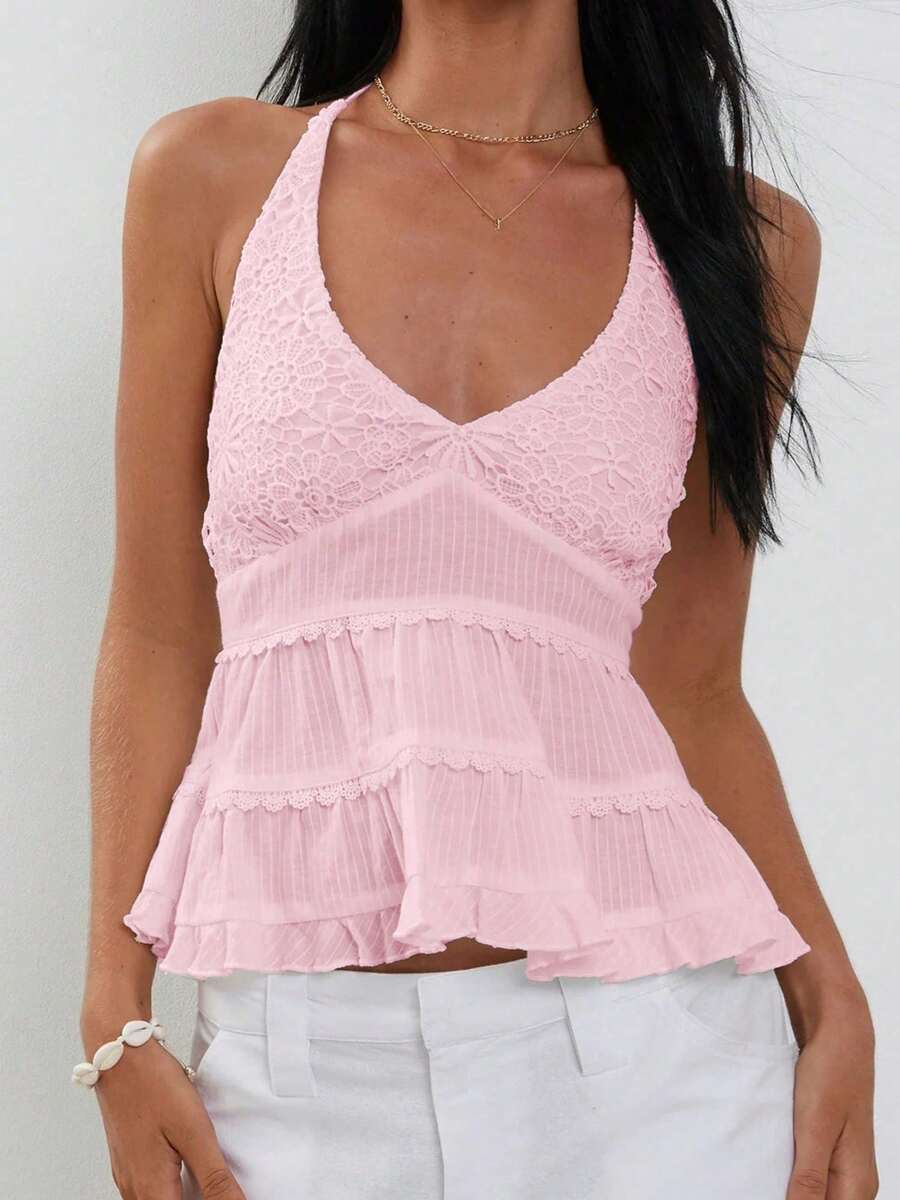Women's Y2K Lace Halter Tops Floral Embroidered Sleeveless Ruffled Hem Tiered Flowy Crop Tank Tops Summer Backless Boho Layered Camisole Vest Shirts Going Out Tops Aesthetic Clothes Party Beach Vacation Streetwear - 粉色 - 查看 1