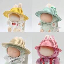1 Piece Of Hollow Hat, Natural Straw Material, Round Hollow Ear Hole Design, Removable Doll Headdress For Labubu Sitting Series Doll Hat, Suitable For Toy Decoration, Party, Collection Display, Desktop Scene Layout - Multicolor - View 1